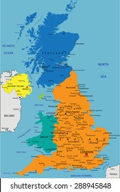 Colorful United Kingdom political map with clearly labeled, separated layers. Vector illustration.