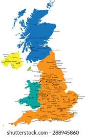 Colorful United Kingdom political map with clearly labeled, separated layers. Vector illustration.
