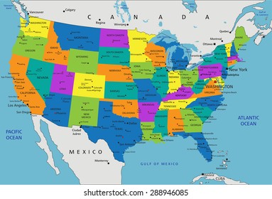 Colorful United States of America political map with clearly labeled, separated layers. Vector illustration.