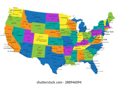 Colorful United States of America political map with clearly labeled, separated layers. Vector illustration.