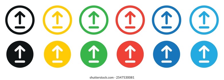 Colorful upload icon set - Arrow up symbol and flat button designs. Editable stroke