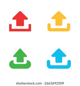 Colorful upload icon set, red, yellow, green and blue on white background. File transfer, data upload and upload sign icons. Vector design for web and app use.