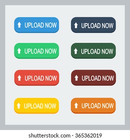 Colorful upload now button with pointing hand set. Flat illustration. Download icon collection.