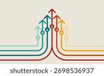 Colorful upward arrows with connected pathways and business icons representing idea, planning, research, growth, target, and leadership for success.