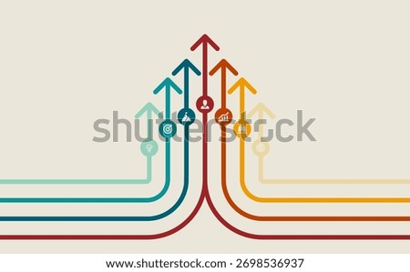 Colorful upward arrows with connected pathways and business icons representing idea, planning, research, growth, target, and leadership for success.