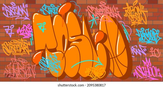 Colorful Urban Brick Wall With Some Graffiti Street Art Lettering Texture Decorative Background Vector Illustration 