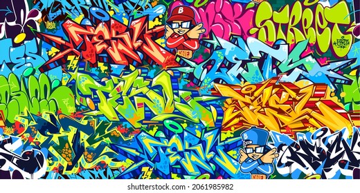 Colorful Urban Graffiti Street Art Seamless Pattern. Vector Illustration Background Art