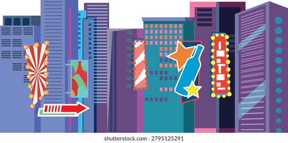 Colorful urban landscape vector with stylized skyscrapers and bright illuminated advertising signs on white background.