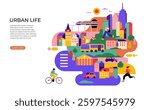 Colorful Urban Life Illustration. Modern Cityscape with People, Transportation, and Skyscrapers. Vibrant Vector Design.