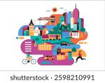 Colorful Urban Life Illustration. Modern Cityscape with People, Transportation, and Skyscrapers. Vibrant Vector Design.