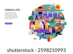 Colorful Urban Life Illustration. Modern Cityscape with People, Transportation, and Skyscrapers. Vibrant Vector Design.