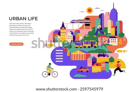 Colorful Urban Life Illustration. Modern Cityscape with People, Transportation, and Skyscrapers. Vibrant Vector Design.