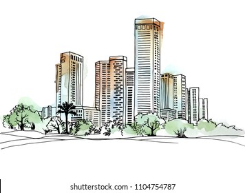 Colorful urban modern cityscape. Hand drawn line sketch. Vector illustration on background watercolor