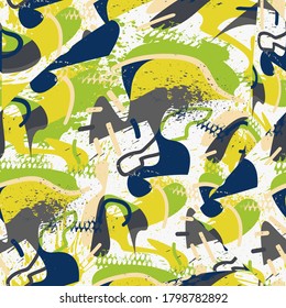 Colorful urban seamless pattern with grunge spots, hand draw shapes.