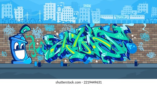 Colorful Urban Streetart Graffiti Wall With Drawings Against The Background Of The Cityscape Vector Illustration