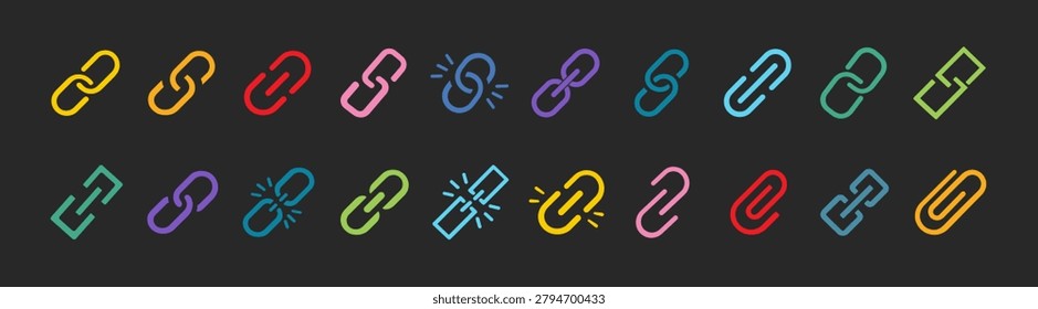 Colorful URL and hyperlink icon set with editable stroke outline chain connection symbols