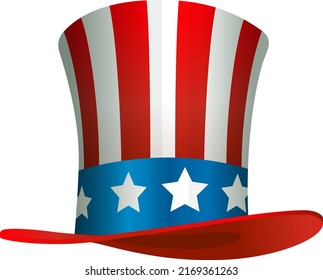 Colorful USA American Flag wrapped magic top hat with United State stars around 3D vector graphic designs