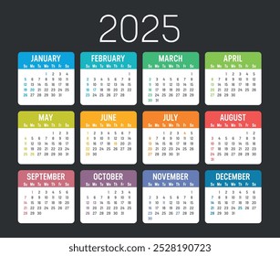 Colorful USA calendar set, year 2025 planner, dark background english language