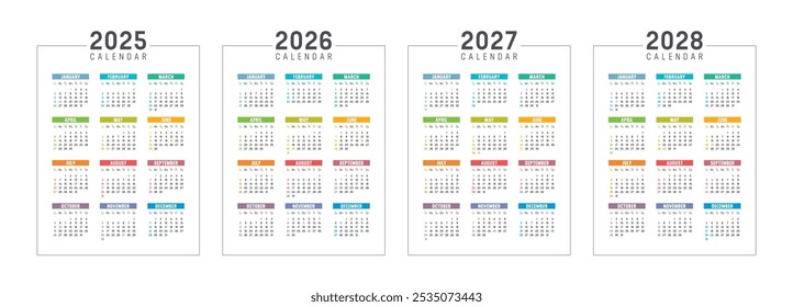 Colorful USA calendar set, year 2025 2026 2027 2028 planner, white background english language