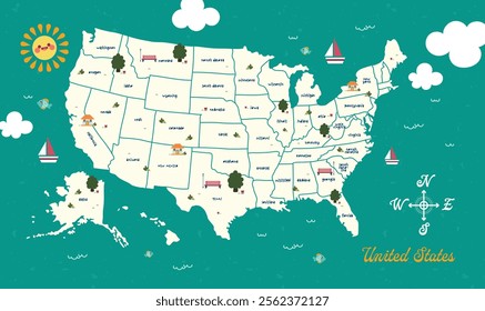 Colorful USA map featuring state names. Poster design with a geographic and political theme, ideal for infographics or graphic design projects. Includes a detailed print of USA states for educational 