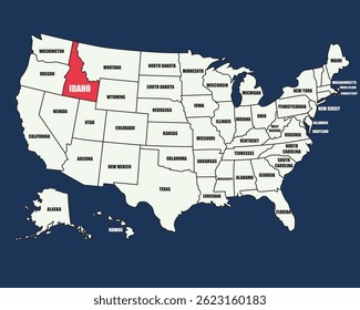 Colorful USA map with state names, highlighting Idaho, ideal for education, travel, and geographic projects.