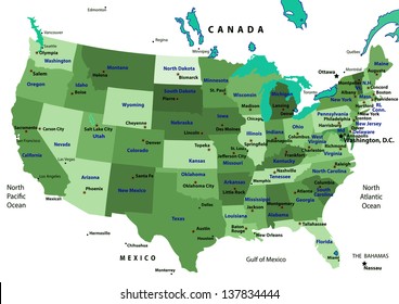 Colorful USA map with states and capital cities. Vector illustration