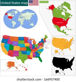 Colorful USA map with states and capital cities