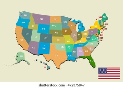 Colorful USA map with states and capital cities. Vector illustration