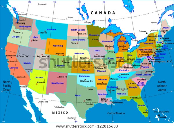 Colorful Usa Map States Capital Cities Stock Vector Royalty Free