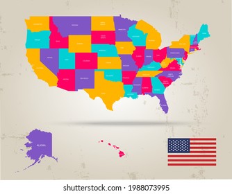 Colorido mapa de Estados Unidos con estados. Ilustración vectorial en el fondo del degradado antiguo.