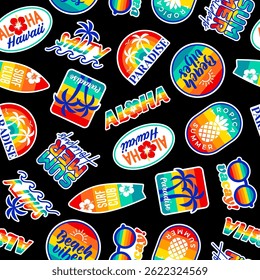Colorful vacation badges seamless pattern design for summer holidays concept.