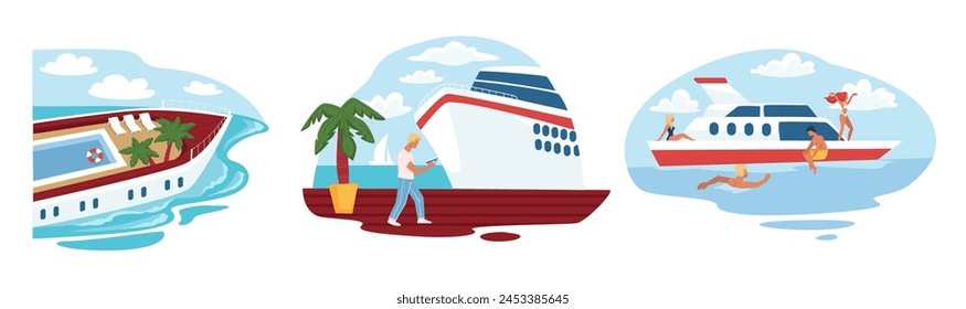 Colorful vacation by sea, vector illustration of cruise and speedboat, travel theme.