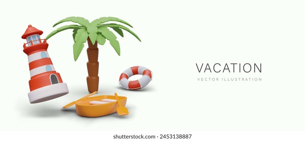 Colorful vacation concept in cartoon style. 3D palm tree, rowing boat, lighthouse, lifebuoy