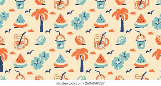 Colorful vacation seamless background featuring palm trees, watermelon slices, citrus drinks, and sea birds. Wide Retro tropical endless print. Fun flat style