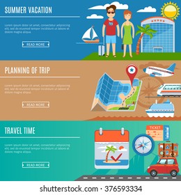 Colorful Vacation And Travel Flat Banners Set. Vector Illustration