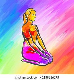 Colorful Vajrasana Thunderbolt Yoga Pose. Hand drawn vector art. Centered layout for web and print purposes.