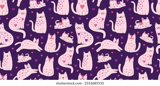 Colorful Valentine Cats Seamless Pattern on Purple Background