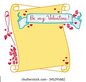 Colorful Valentine frame with paper scroll and original drawing artistic text
