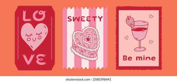 Colorful Valentine s Day cards featuring hearts, sweet treats, and romantic messages