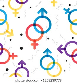 Colorful Valentine vector seamless pattern with gender symbols. Color transitions and simple shape, trend 2019