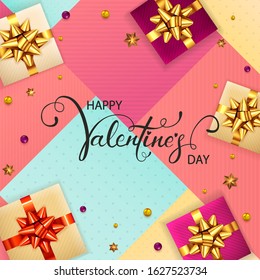 Colorful Valentines card with holiday decorations, gifts and stars. Black lettering Happy Valentine's Day. Illustration can be used for holiday design, posters, cards, websites, banners.
