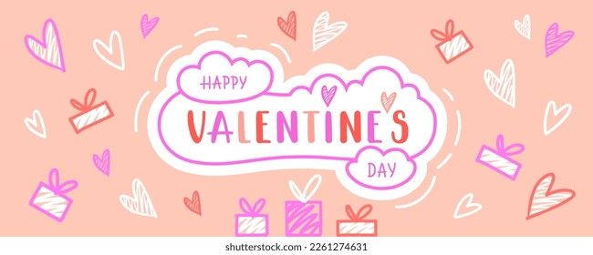 Colorful Valentines day banner with hand drawn hearts, gift boxes. Valentines template for web page, social media, cards, posters, flyers. Vector illustration.