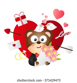 Colorful valentines day bear cartoon with heart shape background gift letter and pink flower bouquet. Vector illustration