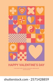 Colorful Valentine's Day Card with Geometric Icons in Retro Style. Vector