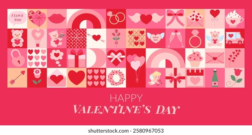 A colorful Valentine's Day card with a variety of heart shapes and other symbols. The card is pink and features a teddy bear, a car, a cupcake, and a bottle