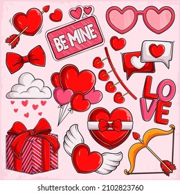 Colorful Valentine's day elements collection Hearts, glasses, bowtie, cupid's arrow, gift and more