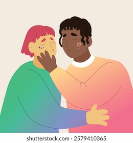 Colorful Valentine's Day gender-diverse cute couples. Hand drawn LGBTQ concept in modern flat vector illustration style.