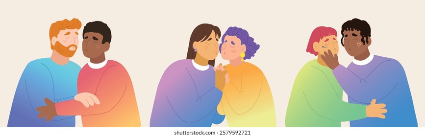 Colorful Valentine's Day gender-diverse cute couples. Hand drawn LGBTQ concept in modern flat vector illustration style.