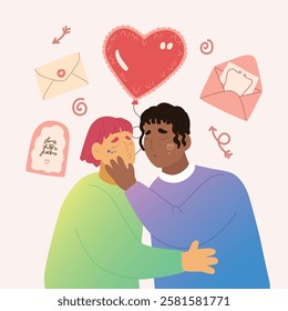 Colorful Valentine's Day gender-diverse cute couple. Hand drawn LGBTQ concept card in modern flat vector illustration style.