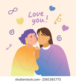 Colorful Valentine's Day gender-diverse cute couple. Hand drawn LGBTQ concept card in modern flat vector illustration style.